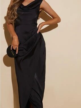 BLACK SATIN COWL NECK DRAPED MAXI DRESS
